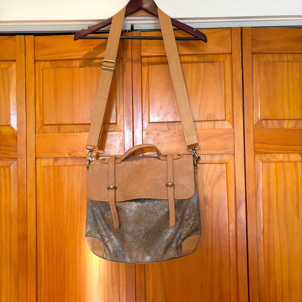 Jesslyn Blake Anthropologie Leather/Canvas Messenger Bag Tan & Burnished Silver